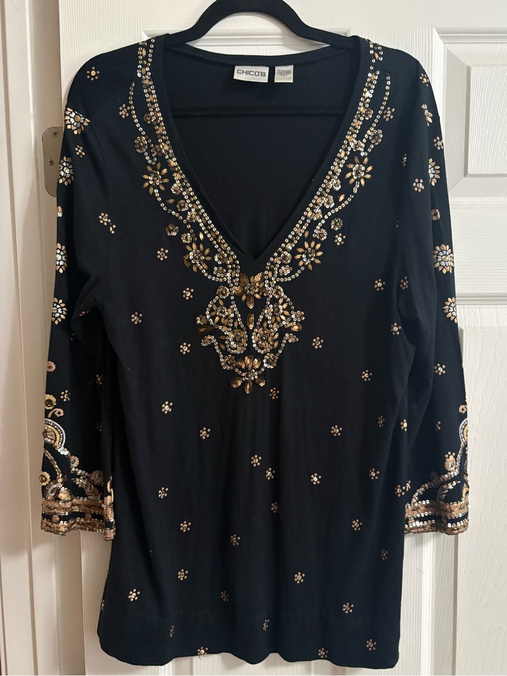 Chico's v neck blouse top sequins beaded 3/4 sleeves festive L